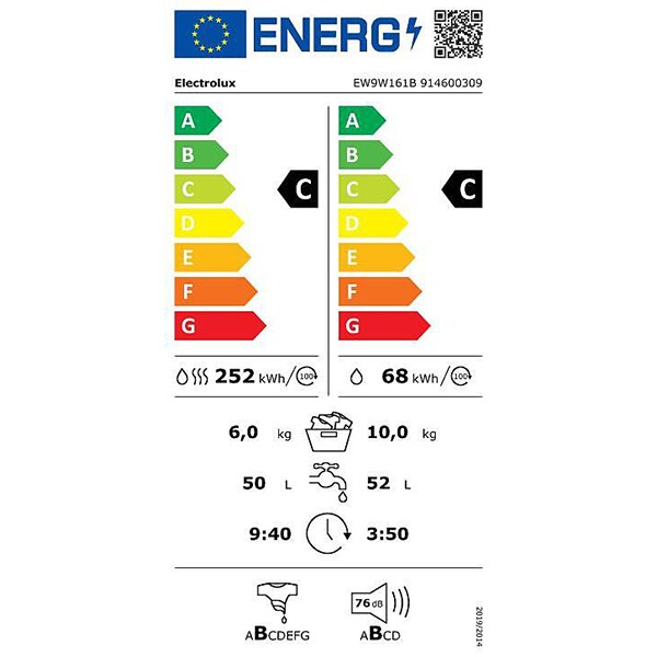 Masina de spalat rufe frontala cu uscator ELECTROLUX PerfectCare900 EW9W161B, DelicateCare, 10/6 kg, 1600rpm, Clasa C/C, alb