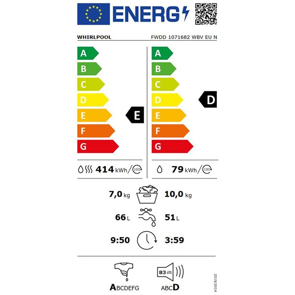 Masina de spalat rufe frontala cu uscator WHIRLPOOL FWDD 1071682 WBV EU N, 6th Sense, 10/7 kg, 1600rpm, Clasa D/E, alb