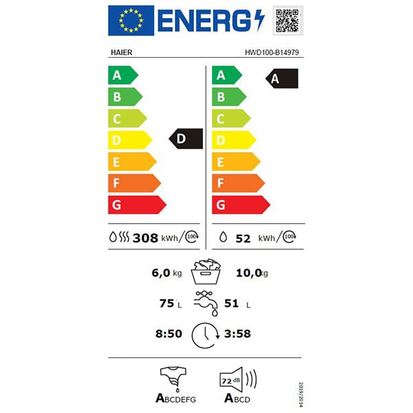 Masina de spalat rufe frontala cu uscator HAIER HWD100-B14979-S, 10/6 kg, 1400rpm, Clasa A/D, alb