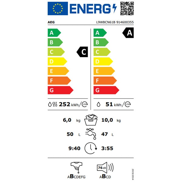 Masina de spalat rufe frontala cu uscator AEG L9WBCN61B, ProSense, 10/6 kg, 1600rpm, Clasa A/C, alb
