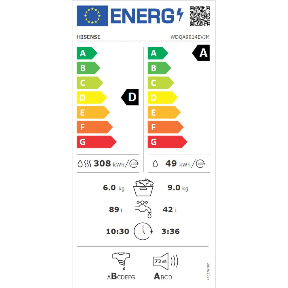 Masina de spalat rufe frontala cu uscator HISENSE WDQA9014EVJM, SteamTech, 9/6 kg, 1400rpm, Clasa A/D, alb