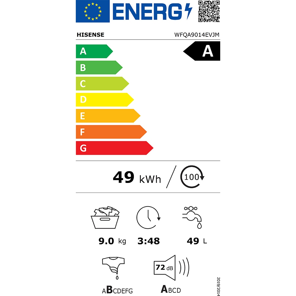 Masina de spalat rufe frontala HISENSE WFQA9014EVJM, Steam, 9 kg, 1400rpm, Clasa A, alb