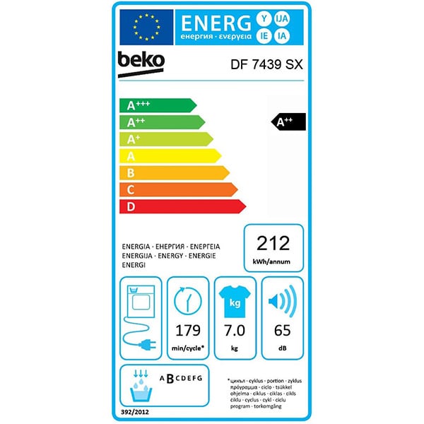 Uscator de rufe slim BEKO DF7439SX, Pompa de caldura, 7 kg, 15 programe, Clasa A++, alb