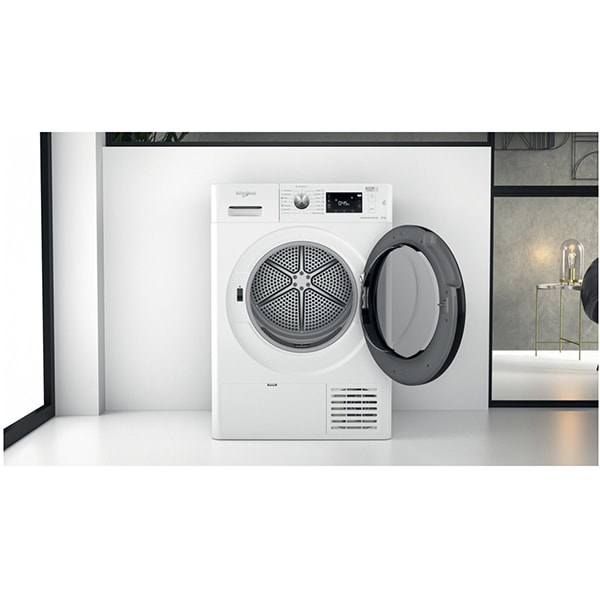 Uscator de rufe WHIRLPOOL FFT M22 9X2B EE, 6th Sense, Condensare si pompa de caldura, 9 kg, 15 programe, Clasa A++, alb