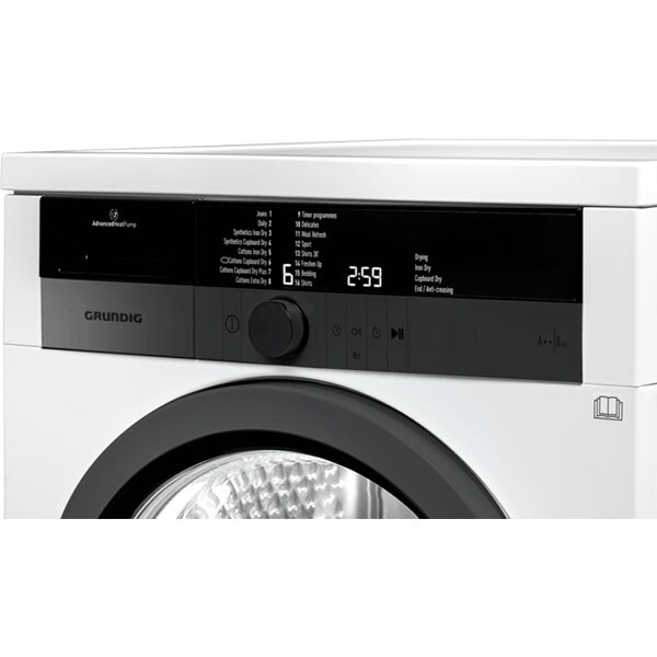 Uscator de rufe GRUNDIG GTN38250MGC, Touch Dry, Pompa de caldura, 8kg, 16 programe, Clasa A++, alb