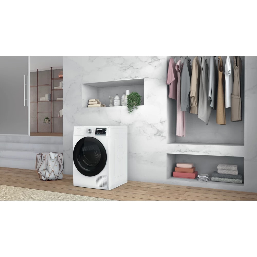Uscator de rufe WHIRLPOOL W7 D84WB EE, 6th Sense, Pompa de caldura, 8 kg, 15 programe, Clasa A+++, alb