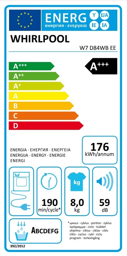 Uscator de rufe WHIRLPOOL W7 D84WB EE, 6th Sense, Pompa de caldura, 8 kg, 15 programe, Clasa A+++, alb