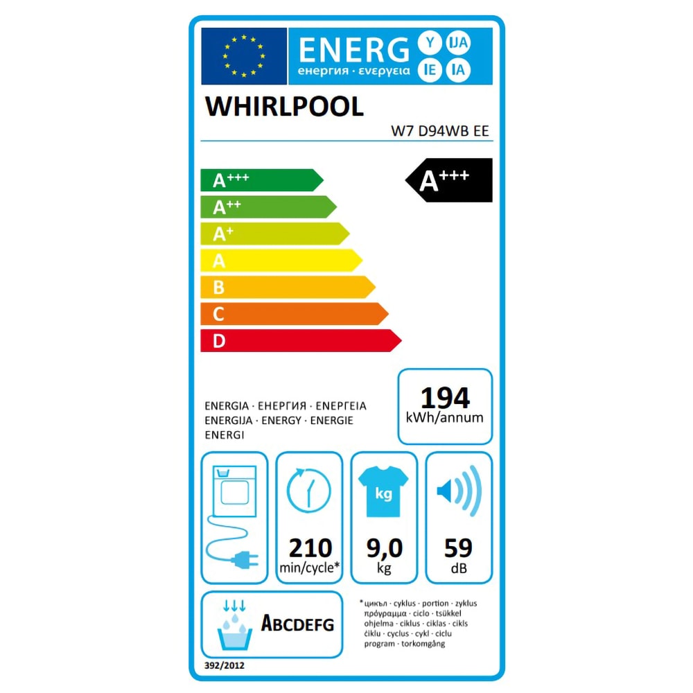 Uscator de rufe WHIRLPOOL W7 D94WB EE, 6th Sense, Pompa de caldura, 9 kg, 15 programe, Clasa A+++, alb