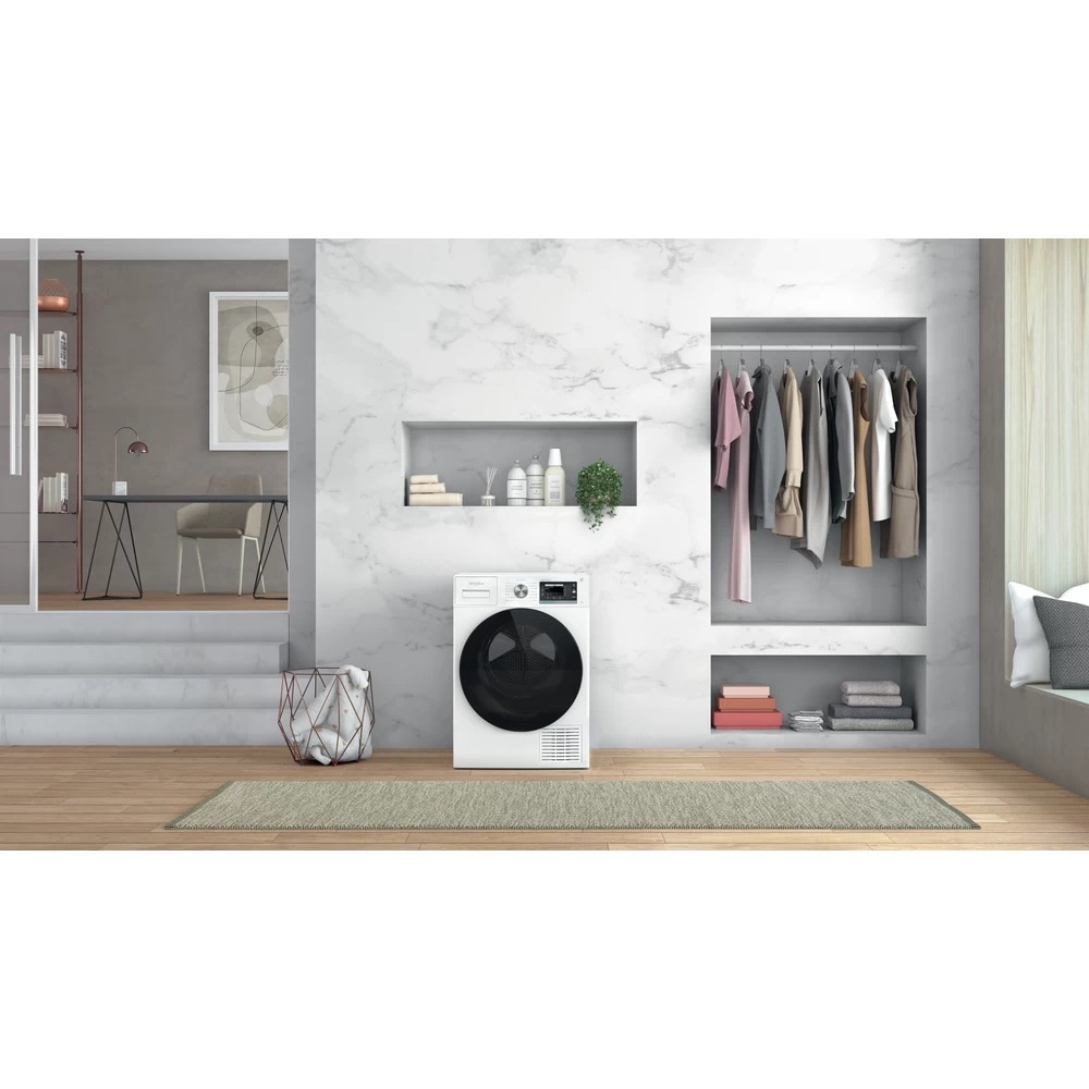 Uscator de rufe WHIRLPOOL W7 D94WB EE, 6th Sense, Pompa de caldura, 9 kg, 15 programe, Clasa A+++, alb