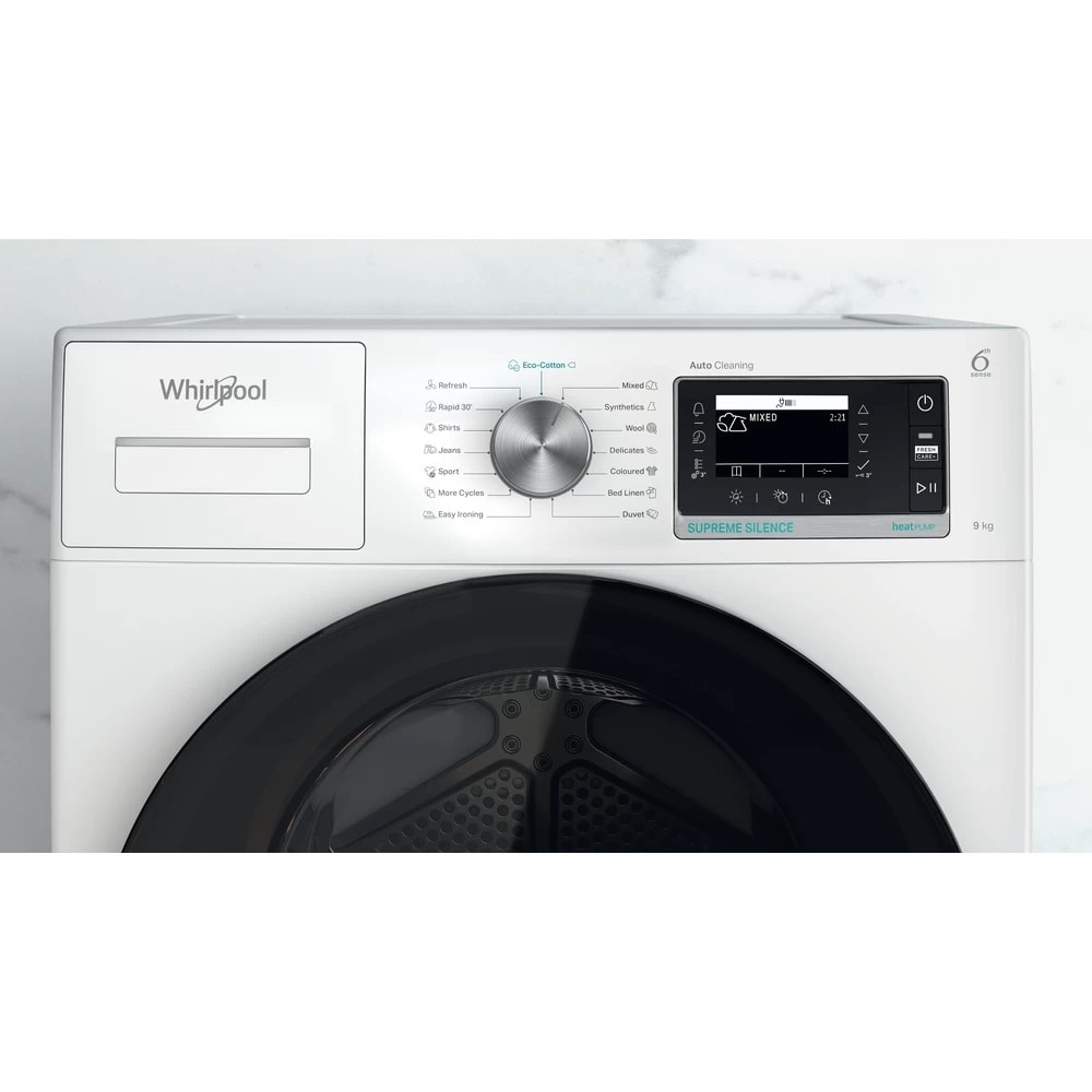 Uscator de rufe WHIRLPOOL W7 D94WB EE, 6th Sense, Pompa de caldura, 9 kg, 15 programe, Clasa A+++, alb