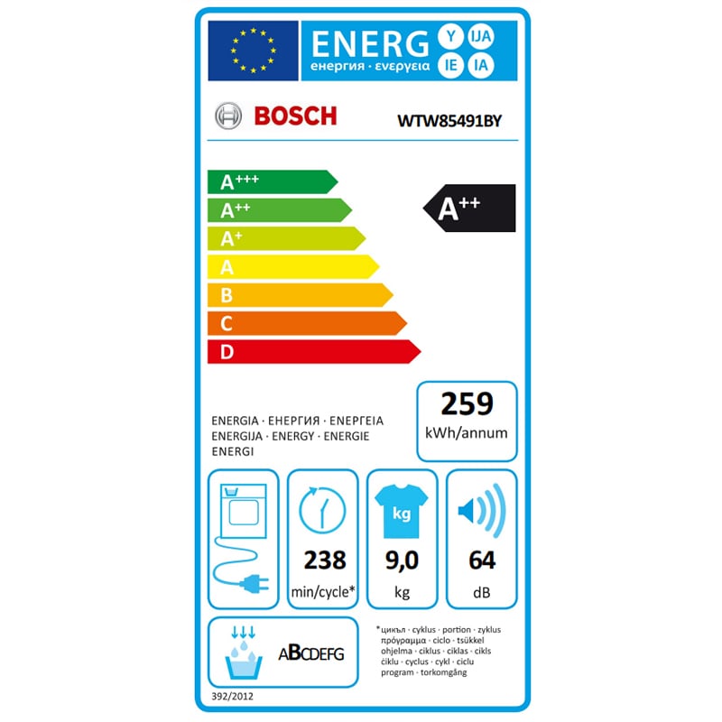 Uscator de rufe BOSCH WTW85491BY, Condensare si pompa de caldura, 9kg, 15 programe, Clasa A++, alb