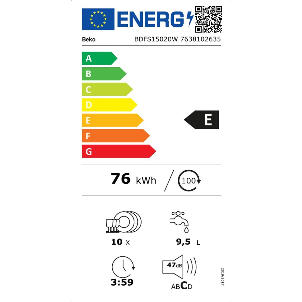 Masina de spalat vase independenta BEKO BDFS15020W, 10 seturi, 5 programe, 45 cm, Clasa E, alb