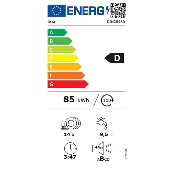 Masina de spalat vase incorporabila BEKO DIN28430, 14 seturi, 8 programe, 60 cm, Clasa D, panou comanda negru