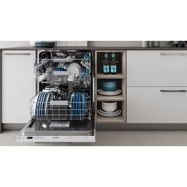 Masina de spalat vase incorporabila INDESIT DIO 3C24 AC E, Push&Go, 14 seturi, 9 programe, 60 cm, Clasa E, panou comanda alb