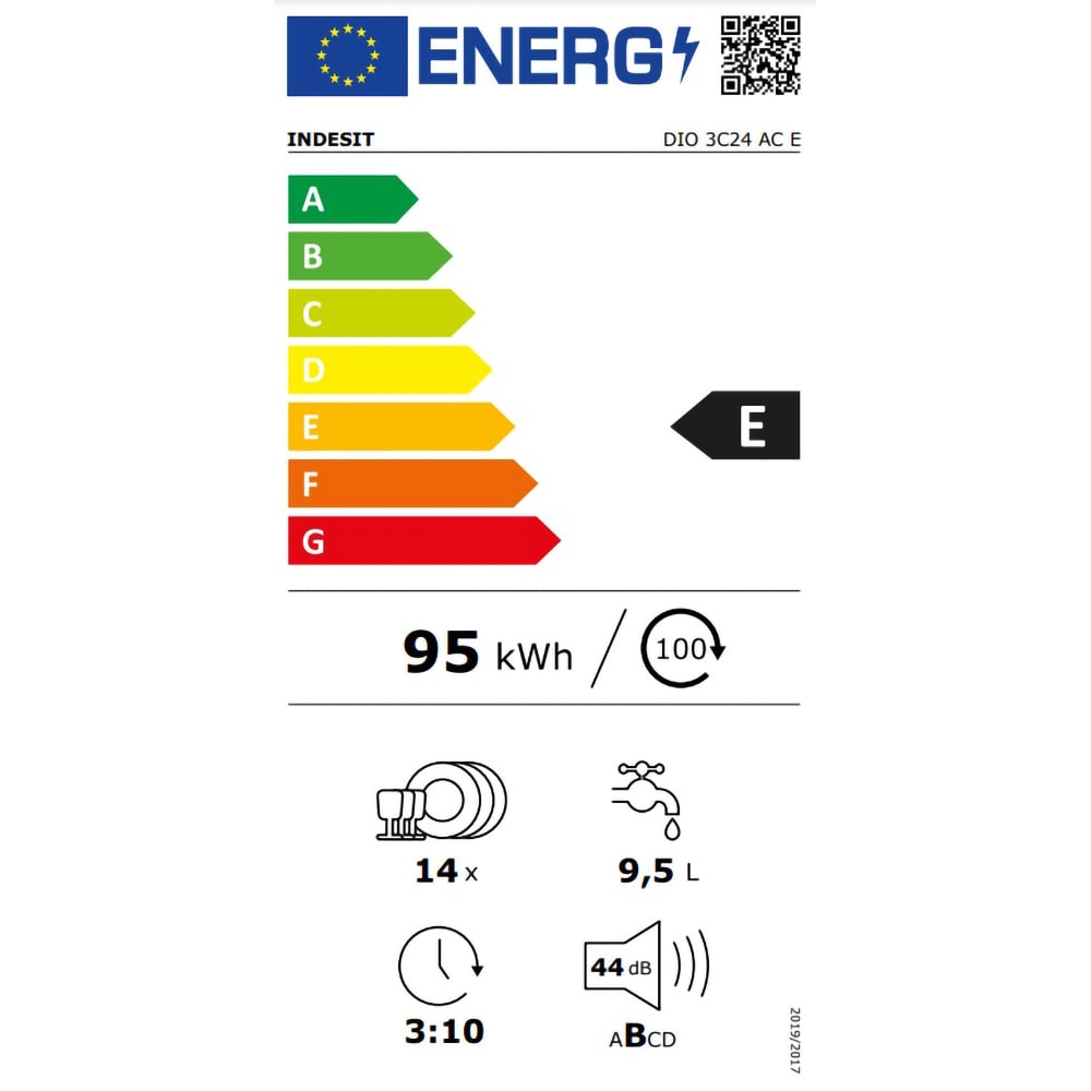 Masina de spalat vase incorporabila INDESIT DIO 3C24 AC E, Push&Go, 14 seturi, 9 programe, 60 cm, Clasa E, panou comanda alb