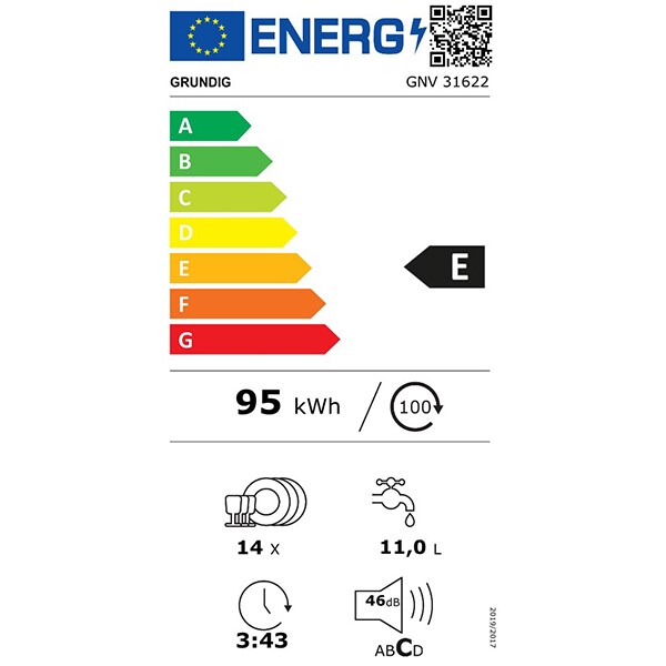 Masina de spalat vase incorporabila GRUNDIG GNV 31622, 14 seturi, 6 programe, 60 cm, Clasa E, panou comanda inox
