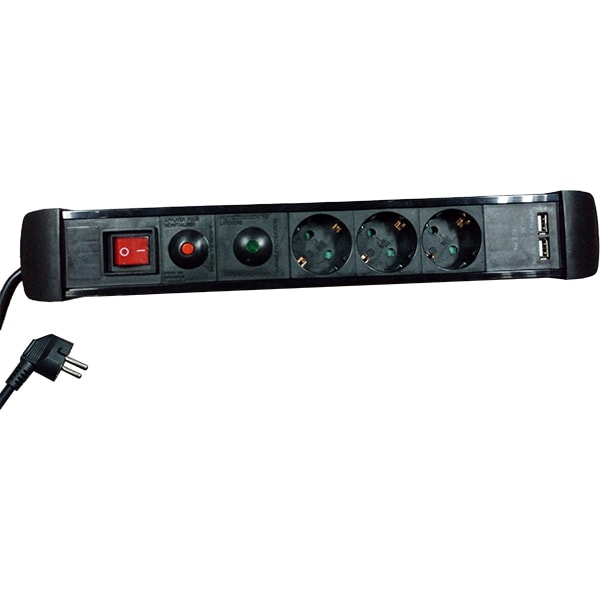 Prelungitor MYRIA MY2326, 3 prize Schuko cu protectie, 3m, 2x USB, negru