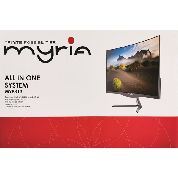 Sistem PC All in One MYRIA MY8313SV, Intel Celeron J3455 pana la 2.3GHz, 23.8" Full HD Curved, 4GB, HDD 500GB, Intel HD Graphics 500, Linux