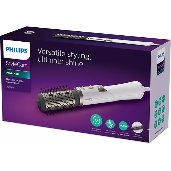 Perie rotativa PHILIPS HP8664/00, 1000W, 2 viteze, 3 trepte temperatura, Invelis Turmalina, alb