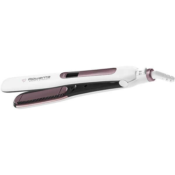Placa de indreptat parul ROWENTA Premium Care Brush & Straight SF7510F0, LCD, invelis keratina, alb-roz