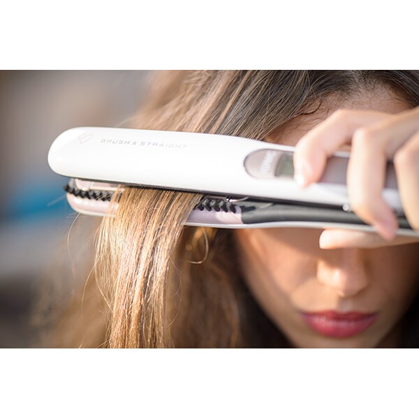Placa de indreptat parul ROWENTA Premium Care Brush & Straight SF7510F0, LCD, invelis keratina, alb-roz