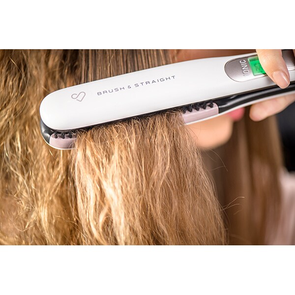 Placa de indreptat parul ROWENTA Premium Care Brush & Straight SF7510F0, LCD, invelis keratina, alb-roz