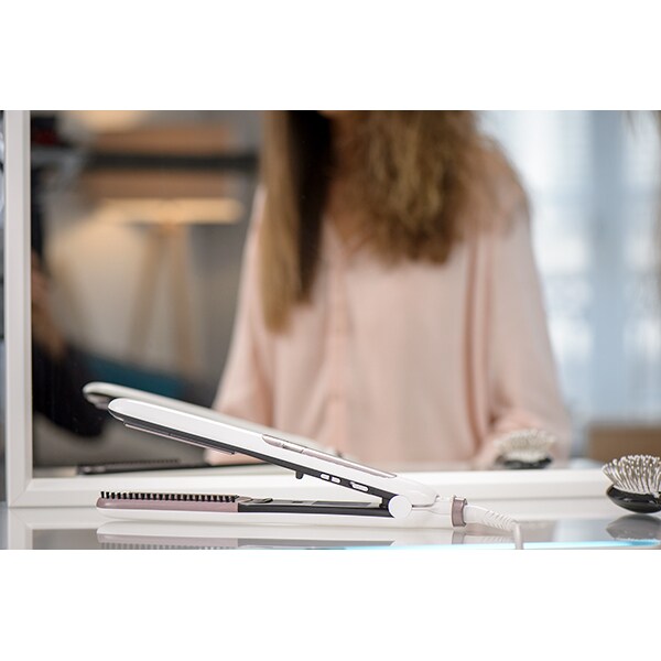 Placa de indreptat parul ROWENTA Premium Care Brush & Straight SF7510F0, LCD, invelis keratina, alb-roz