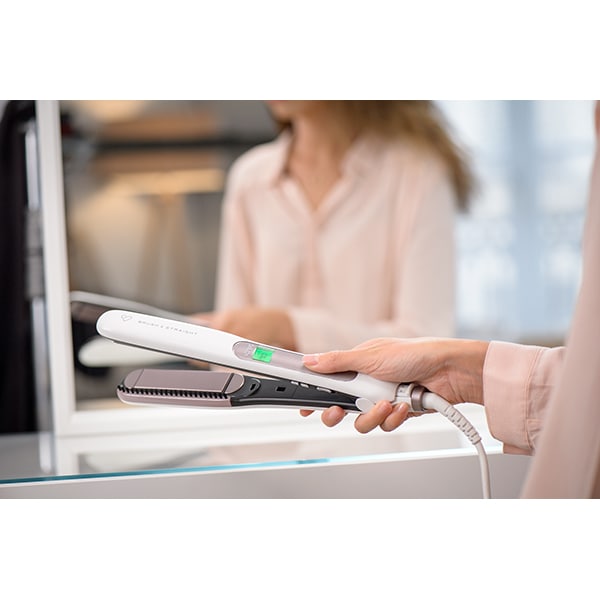 Placa de indreptat parul ROWENTA Premium Care Brush & Straight SF7510F0, LCD, invelis keratina, alb-roz