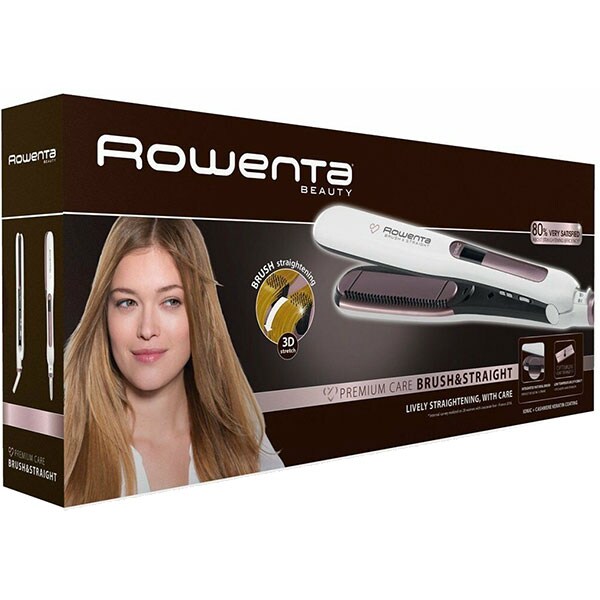 Placa de indreptat parul ROWENTA Premium Care Brush & Straight SF7510F0, LCD, invelis keratina, alb-roz