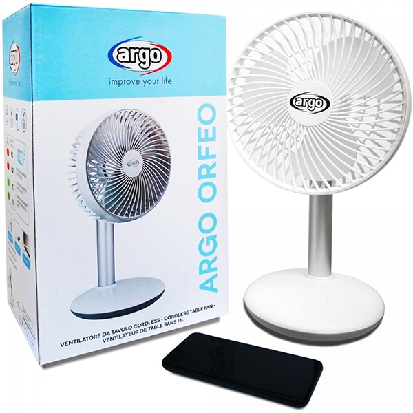 Ventilator portabil ARGO ORFEO, 4 trepte de viteza, Mod eco, 5W, alb, cu acumulator, 