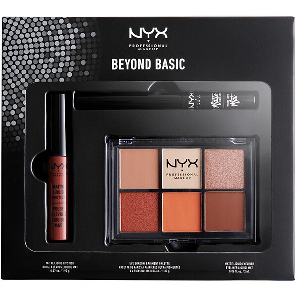 Set NYX Beyond Basic-18: Paleta fard de pleoape + Ruj + Tus de ochi 