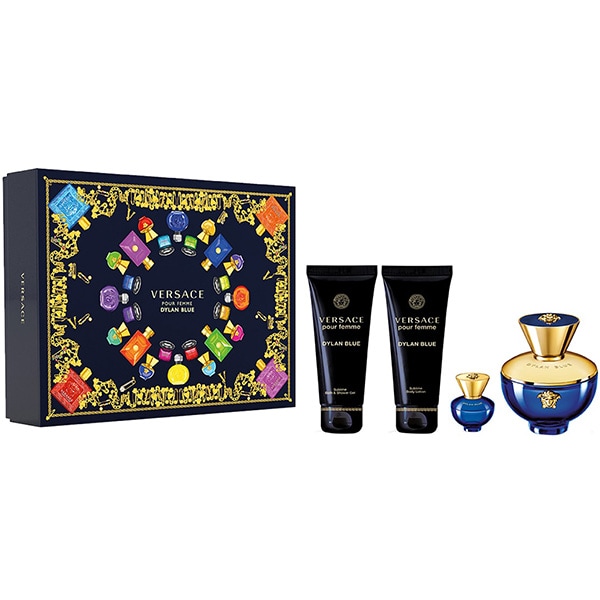 Set cadou VERSACE Dylan Blue: Apa de parfum, 100ml + Miniapa de parfum, 5ml + Gel de dus, 100ml + Lotiune de corp, 100ml