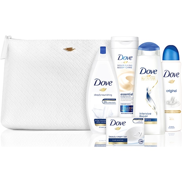 Set cadou DOVE Original Beauty Collection: Gel de dus Deeply Nourishing, 250ml + Lapte de corp Essential, 250ml + Sapun Beauty Cream, 100g + Deodorant spray antiperspirant Original, 150ml + Sampon  Intensive Repair, 250ml