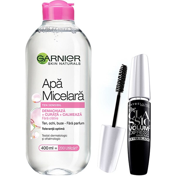 Set GARNIER Skin Naturals: Apa micelara pentru ten sensibil, 400ml + Mascara MAYBELLINE The Classic Volume Express, Black, 10ml