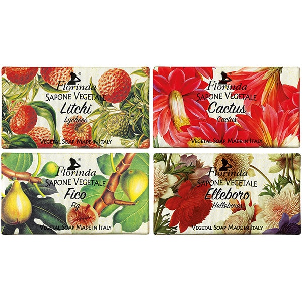 Pachet LA DISPENSA Florinda: Sapun cu litchi, 100g + Sapun cu floare de cactus, 100g + Sapun cu flori de Elleboro, 100g + Sapun cu smochine, 100g