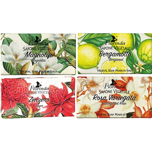 Pachet promo LA DISPENSA Florinda: Sapun cu flori de bergamota, 100g + Sapun cu trandafir pestrit, 100g + Sapun cu ghimbir, 100g + Sapun cu magnolie, 100g