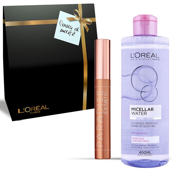 Set cadou L'OREAL PARIS: Apa micelara pentru ten uscat, 400ml + Mascara Paradise Extatic, Black, 6.4ml