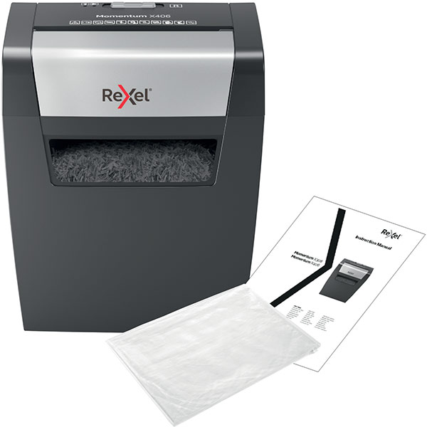 Distrugator documente manual REXEL MOMENTUM X406, 6 coli, 15l, Cross-cut, negru-gri