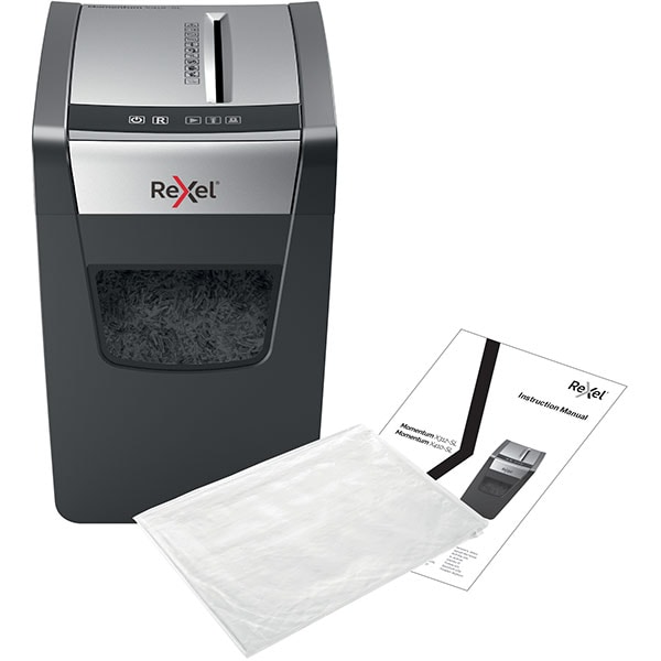 Distrugator documente manual REXEL MOMENTUM X410 SLIM, 10 coli, 23l, Cross-cut, negru-gri