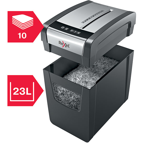 Distrugator documente manual REXEL MOMENTUM X410 SLIM, 10 coli, 23l, Cross-cut, negru-gri