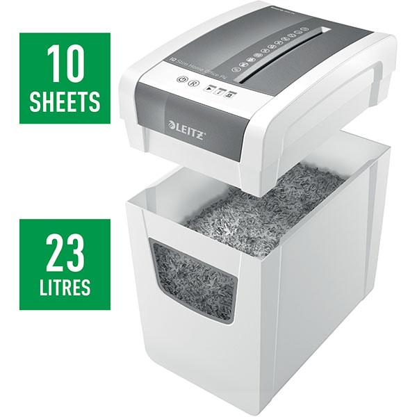 Distrugator documente manual LEITZ IQ Home Office Slim, 10 coli, 23l, Cross-Cut, alb