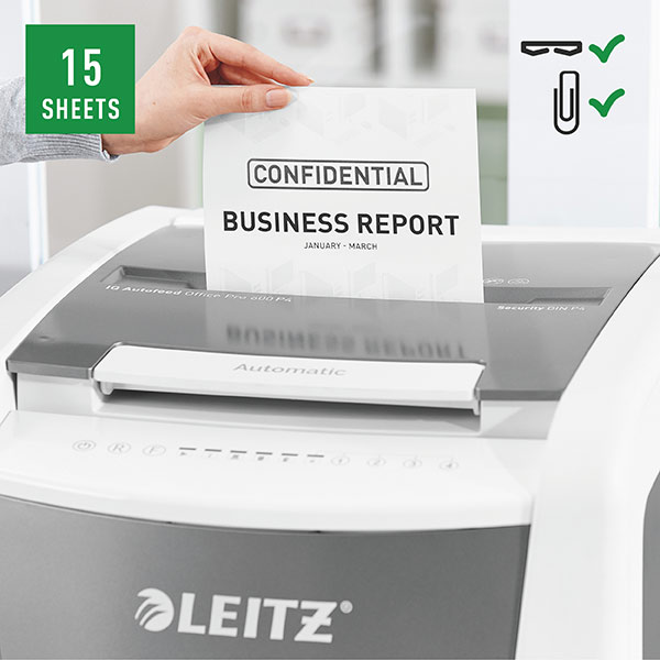 Distrugator documente automat LEITZ IQ OFFICE, 600 coli, 110l, Cross-cut, alb-gri