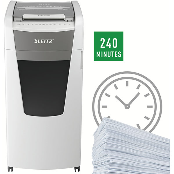 Distrugator documente automat LEITZ IQ OFFICE, 600 coli, 110l, Cross-cut, alb-gri