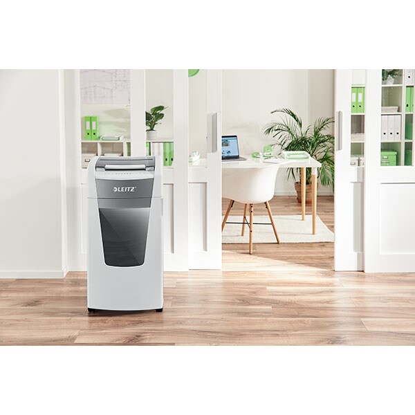 Distrugator documente automat LEITZ IQ OFFICE, 600 coli, 110l, Cross-cut, alb-gri