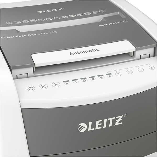 Distrugator documente automat LEITZ IQ OFFICE, 600 coli, 110l, Cross-cut, alb-gri
