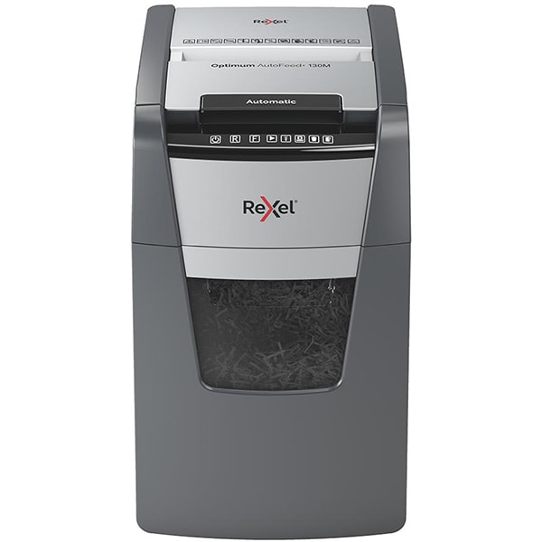 Distrugator documente automat REXEL Optimum 130M P5, 130 coli, 44l, Micro-Cut, gri