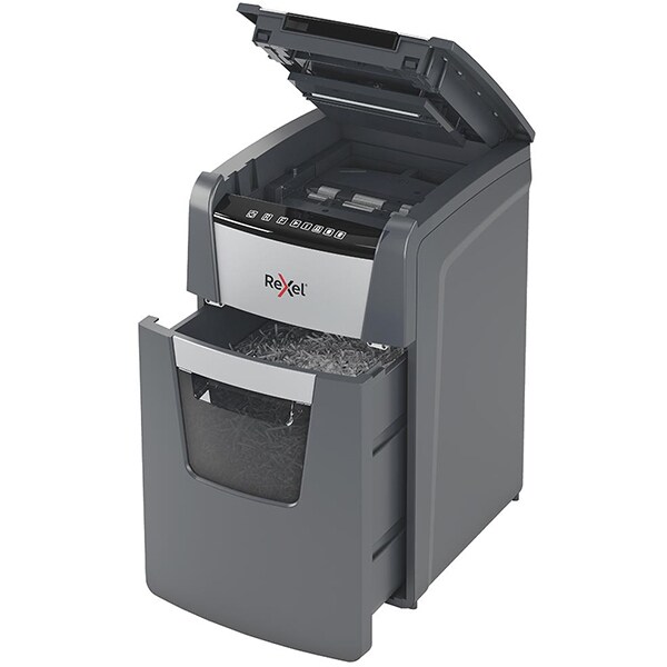 Distrugator documente automat REXEL Optimum 130M P5, 130 coli, 44l, Micro-Cut, gri