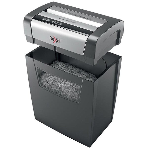 Distrugator documente manual REXEL Momentum X410 P4, 10 coli, 23l, Cross-Cut, negru