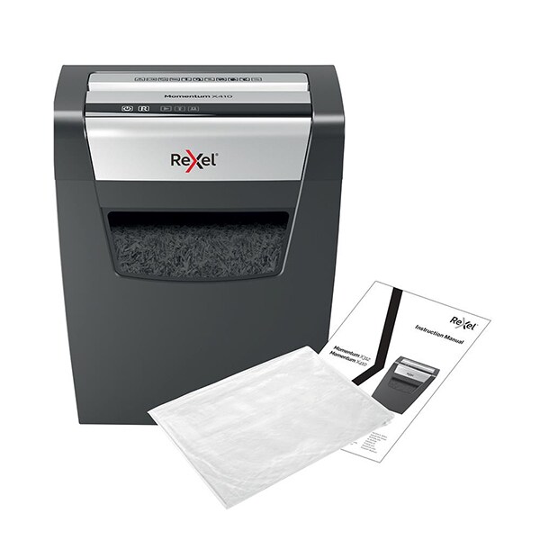 Distrugator documente manual REXEL Momentum X410 P4, 10 coli, 23l, Cross-Cut, negru