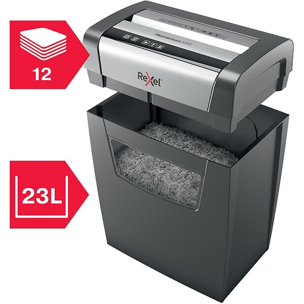 Distrugator documente manual, REXEL Momentum X312 P3, 12 coli, 23l, Cross-Cut, negru